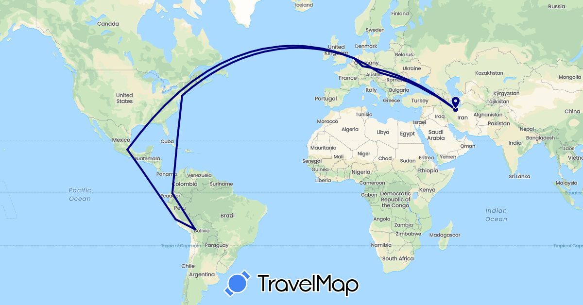 TravelMap itinerary: driving in Austria, Bolivia, Germany, Ecuador, Iran, Mexico, Netherlands, Peru, United States (Asia, Europe, North America, South America)